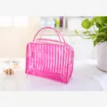 Large pink striped transparent PVC waterproof cosmetic bag, portable travel toiletry organizer. - Rose Red