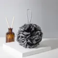 Black mesh bath sponge shower puff exfoliating body scrubber with hanging loop for daily use - Mystic Black