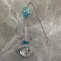 Crystal suncatcher wind chime pendant featuring blue paw print and hanging heart crystal - Single-Sided Paw Blue