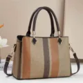 Sac à main bandoulière pour femme rayé color block tendance avec poignées robustes. - Kaki