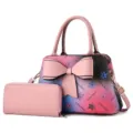 Conjunto de bolso degradado rosa con lazo, bolso de hombro de cuero PU y cartera a juego para mujer. - Rosa