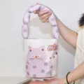 Canvas bucket handbag with padded puffed handle and cute purple cat print style. - Purple Polka Dot Cat