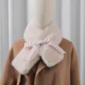 Winter plush faux fur scarf with cute pink checkered bow, soft warm neck warmer for women. - Apricot
