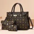 Set di borse in pelle stampata marrone con tracolla, borsa a mano grande ed elegante da donna. - Stampa Caffè