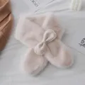 Plush winter scarf for women, soft fluffy neck warmer with striped bow and pearl detail. - Apricot