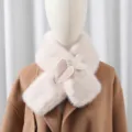 Women cute faux fur winter scarf with pearl heart design, soft warm plush cross collar neck. - Apricot