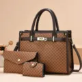 Set de sac à main monogramme marron en 3 pièces avec bandoulière et finitions dorées. - Motif Losange Jaune-Brun