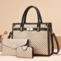 Ensemble de sacs à main monogramme élégant en 3 pièces avec bandoulière et verrou. - Beige Losange
