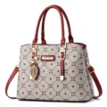 Élégant sac à main pour femme avec poignées et bandoulière, motif géométrique élégant. - Khaki & Rouge Vin
