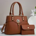 Set borsa a mano in pelle marrone da donna, elegante borsa tote con pochette abbinata e nappa chic. - Giallo ocra