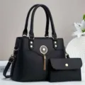 Borsa a mano nera in pelle PU con borsetta abbinata, nappina, borsa a tracolla versatile chic - Nero
