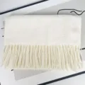 Solid white faux cashmere scarf with fringes, warm winter long thickened tassel shawl for women. - Heathered Milk White