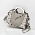 Elegante Borsa a Mano in PU Grigio e Tracolla con Pannelli a Quadri e Manico in Metallo - Grigio