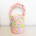 Chic tulip printed canvas bucket handbag with pink puffed handle niche design casual bag - Tulip - Pink Handle