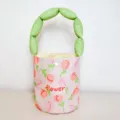 Tulip print canvas bucket bag featuring green puffy handle, cute casual handbag for summer. - Tulip - Green Handle