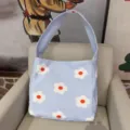 Light blue canvas shoulder bag with white and red floral print, stylish hobo bag. - Blue Floral