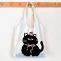 Canvas shoulder tote bag with cute black cat graphic and light blue vertical stripes. - Blue Striped Cat