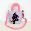 Canvas bucket bag with pink handles and cute black cat print, stylish crossbody bag for women. - Purple Black Cat Crossbody Style