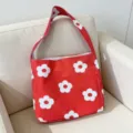 Red canvas shoulder bag for women with cute white floral print, vintage tote bag. - Red Floral