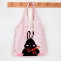 Pink polka dot canvas vest bag cute cartoon rabbit print casual shoulder tote bag - Pink Black Rabbit