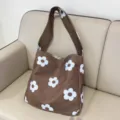Brown canvas shoulder bag with white floral print, stylish casual commuter underarm handbag. - Brown Floral