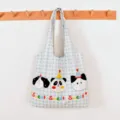 Blue and white checkered canvas shoulder tote bag with cute animal print, casual and lightweight. - Vest Bag / Blue Plaid
