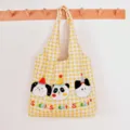 Yellow plaid canvas tote bag with cute animal prints, casual shoulder bag for women daily. - Vest Bag / Yellow Plaid