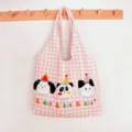 Pink white checkered canvas tote bag, cute cartoon animal print, large daily shoulder bag. - Vest Bag / Pink Plaid