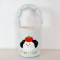 Cute blue plaid canvas bucket handbag with cute tomato puppy embroidery and bead handle. - Padded Bag / Blue Plaid Tomato Dog