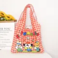 Red plaid canvas tote bag, cute cartoon print casual shoulder bag, large capacity daily bag - Red Plaid