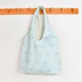 Light blue canvas tote bag with cute blue bow print, large capacity casual shoulder bag. - Blue Bow