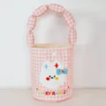 Pink gingham canvas handbag with cute rabbit graphic and puffy handle for daily casual use. - Padded Bag / Pink Plaid Lucky Rabbit
