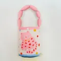 Cute pink polka dot cat print flannel handbag children cute sundries tote bag versatile pouch - Blue-Pink Pink Cat