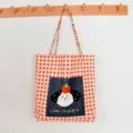 Orange gingham shoulder tote bag with cute puppy denim pocket, casual canvas handbag for women. - Red Grid Tomato Dog - Single Shoulder