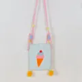 Bolso cruzado de lona para teléfono lindo con estampado de helado y pompones encantadores para niños. - Azul - Cono de Helado