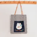 Black and white plaid canvas tote bag with colorful strap and cute rabbit denim pocket. - Black Grid Lucky Rabbit - Single Shoulder