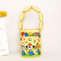 Cute yellow plaid bucket bag with puffed handle and cartoon animal prints, stylish kids handbag. - Yellow