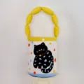 Children cute black cat polka dot plush handbag, portable soft bucket tote bag for kids daily use - Blue-Yellow Black Cat
