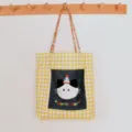 Yellow plaid canvas tote bag for women, cute cat patch shoulder bag, casual large capacity. - Yellow Grid Cat - Single Shoulder