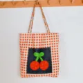 Orange plaid tote bag with colorful beaded straps and cute cherry pocket design for women. - Red Grid Cherry - Single Shoulder