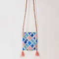 Ethnic style colorful geometric pattern crossbody phone bag with beaded strap and dual tassels. - Pink Blue - Tassel Style