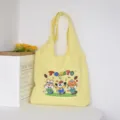 Yellow canvas shoulder tote bag, cute cartoon animals print, casual everyday fashion shopping bag. - Tomato Puppy Vest Bag / Yellow