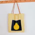 Borsa shopper a quadri gialli con simpatica toppa di pera e manici di perline tela casual - Quadri Gialli Pera - Spalla Singola