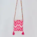 Ethnic style pink geometric pattern phone cross body bag with colorful beaded strap and cute tassels. - Rose Red - Tassel Style