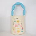 Cute canvas bucket bag with blue bubble handle, embroidered designs and metal snap closure. - Smiley Rabbit Blue Handle