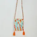 Ethnic style ikat pattern canvas phone crossbody bag with colorful bead strap and tassels. - Orange Blue - Tassel Style