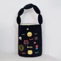 Canvas bucket bag with letter embroidery and cute patches, stylish handbag for daily use. - Smiley Rabbit Black Handle
