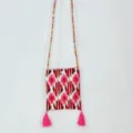 Ethnic style crossbody phone bag featuring colorful beaded strap and dual pink tassels. - Gourd - Tassel Style