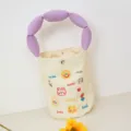 Cute canvas bucket bag with purple puffy handle and embroidered letters, trendy handbag gift. - Smiley Rabbit Purple Handle