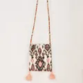 Ethnic style Ikat pattern canvas crossbody phone bag with colorful strap and pink tassels. - Coffee Pink - Tassel Style